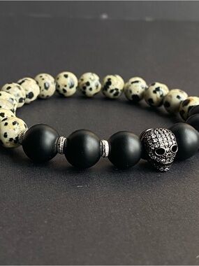 Dalmatian Jasper and Matte Hematite Bead Skull Bracelet - Fashion Accessory